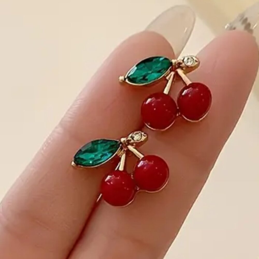 *MUST BUNDLE* Lucite and rhinestone red cherry gold tone earrings NEW